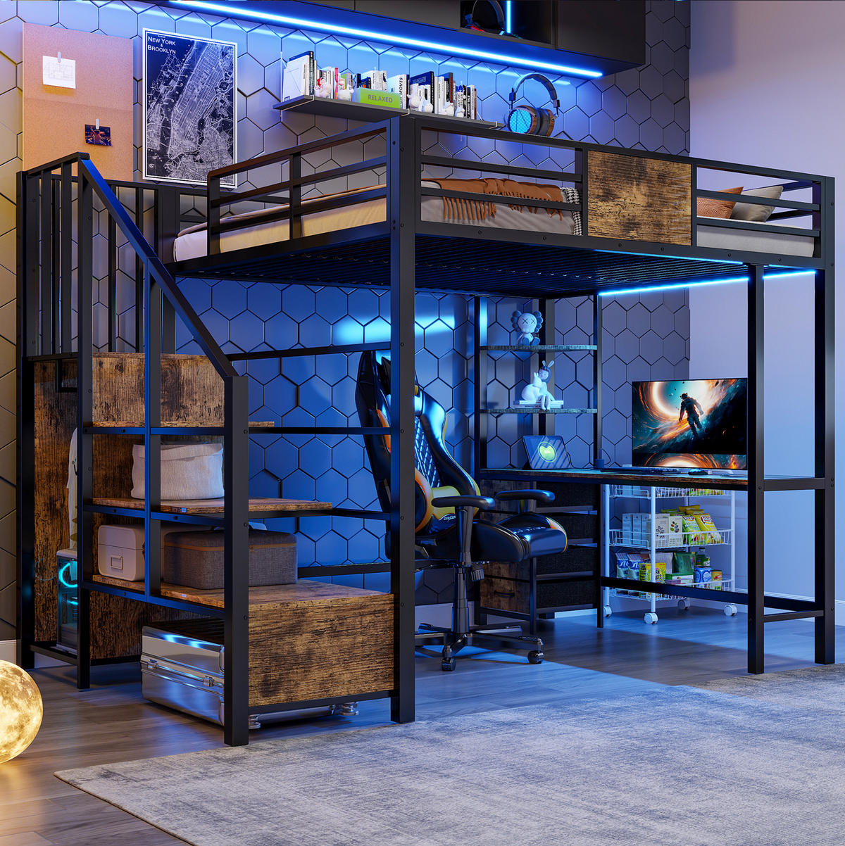 HOCHBETT 140/200 cm mit Schreibtisch, LED und Steckdose - Schwarz, Metall (140/200cm) - MIVRAY