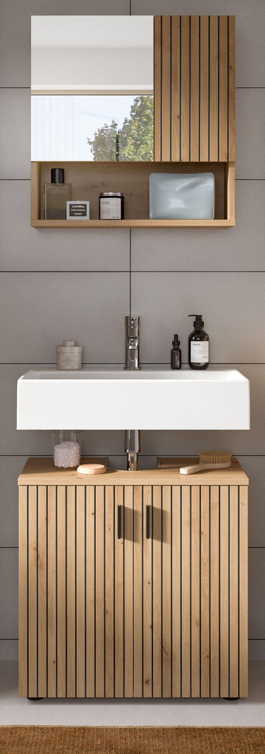 BADMÖBEL-SET Eiche Artisan 2-teilig 60 cm, Badezimmerkombination mit Rillen-Optik - Schwarz/Eiche Artisan, Glas/Holzwerkstoff (60/180/30cm) - Inn.Furn