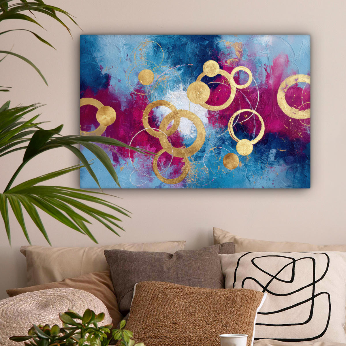 LEINWANDBILD Kreise - Gold - Abstrakt Gemälde 60x40 cm - Blau, Textil (60/40cm) - MuchoWow