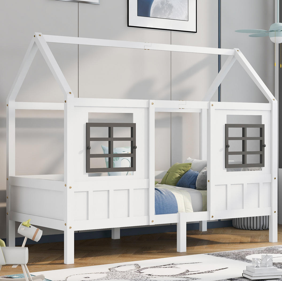 HAUSBETT 90/200 cm in Weiß – mit Dach und 2 Fenstern, Liegefläche 90/200 cm - Weiß, Holz (90/200cm) - BEAOK