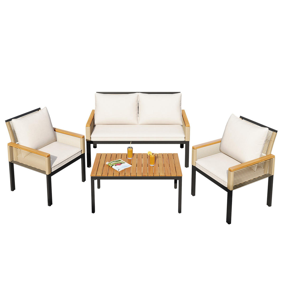 LOUNGESET Beige Rattan Doppelsofa 2 Sessel Tisch - Beige, Metall - FLIEKS