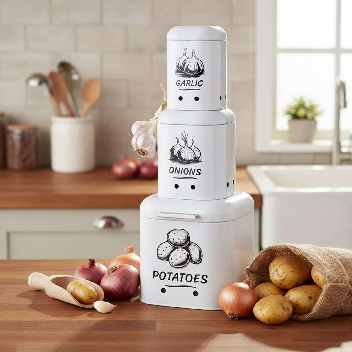 3XDÓZA na brambory - bílá, kov - Relaxdays