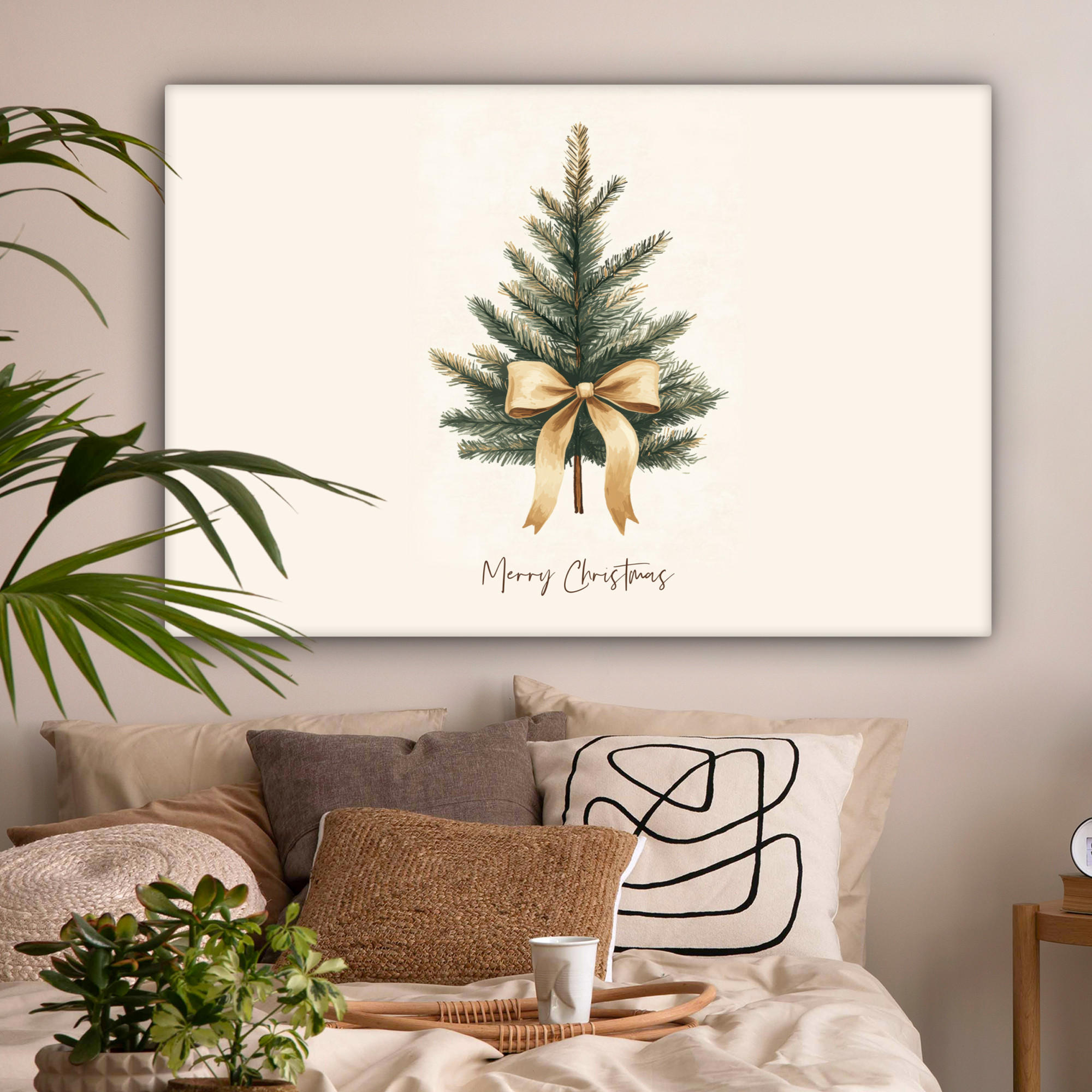 LEINWANDBILD Weihnachtsbaum - Weihnachten - Frohe Weihnachten - Beige XXL 150x100 cm - Sandfarben, Textil (150/100cm) - MuchoWow