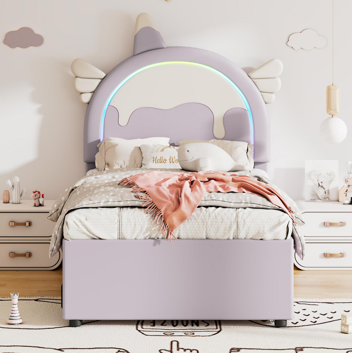 KINDERBETT Einhornform 90/200 cm Violett mit ausziehbarem Rollbett - Violett, Textil (90/200cm) - MIVRAY
