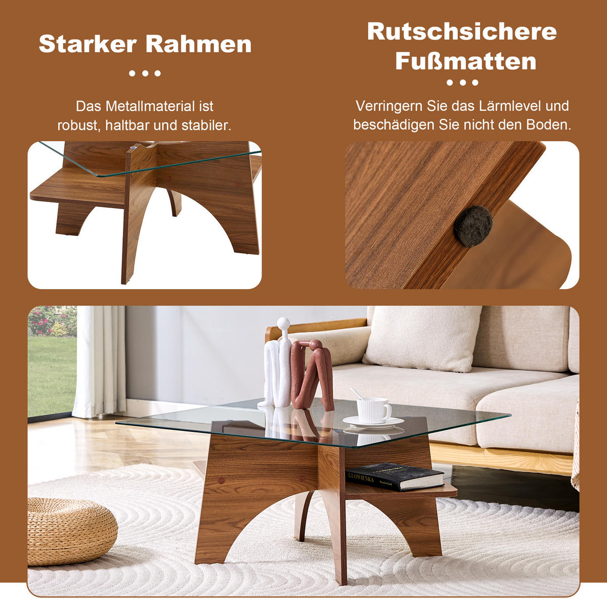 COUCHTISCH 80/80/40 cm Transparent Nussbaum MDF mit Sicherheitsglas und Ablagefach - Walnussfarben, Holzwerkstoff (80/80/40cm) - OKWISH