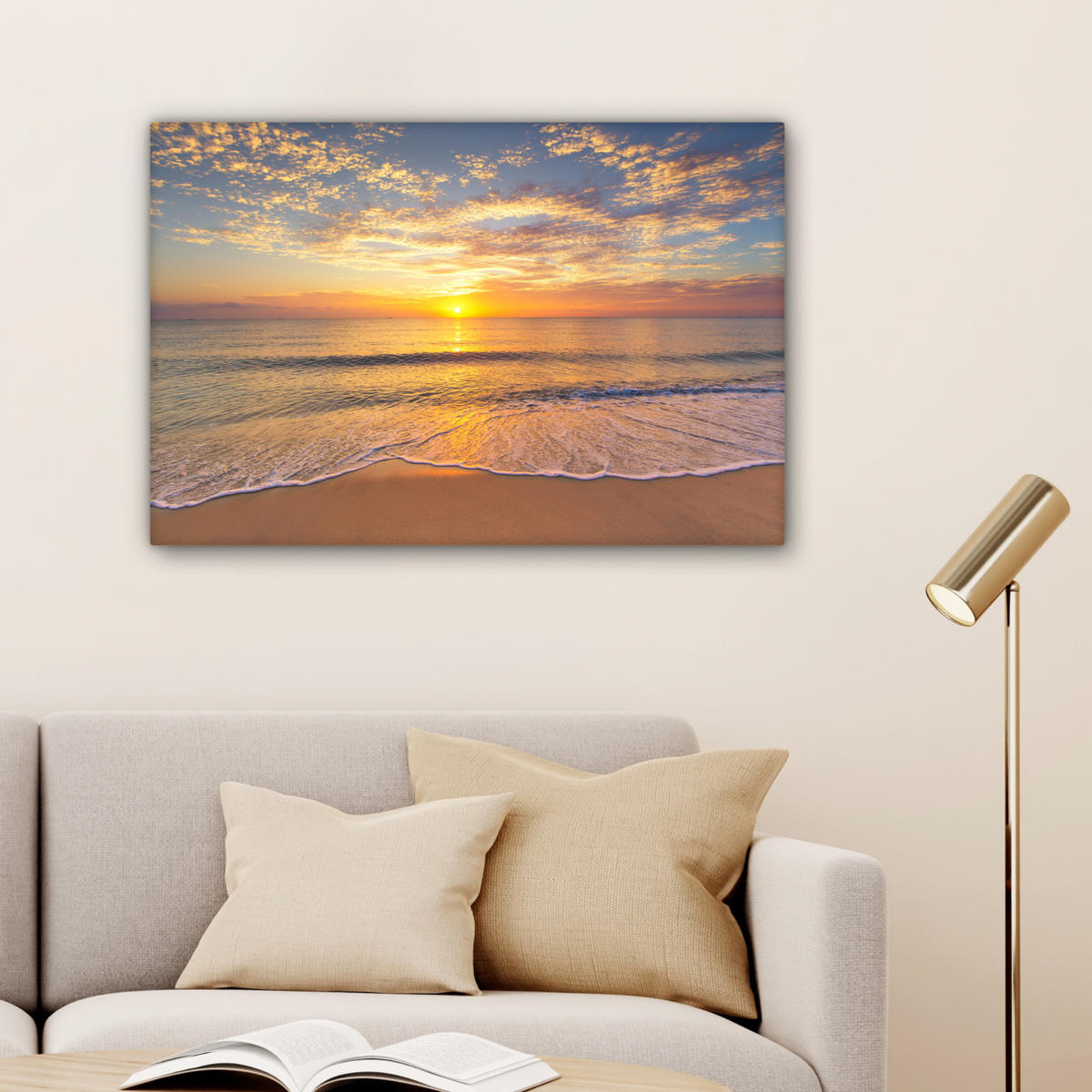 LEINWANDBILD Strand - Sonnenuntergang - Meer Wanddeko 90x60 cm - Gelb, Textil (90/60cm) - MuchoWow