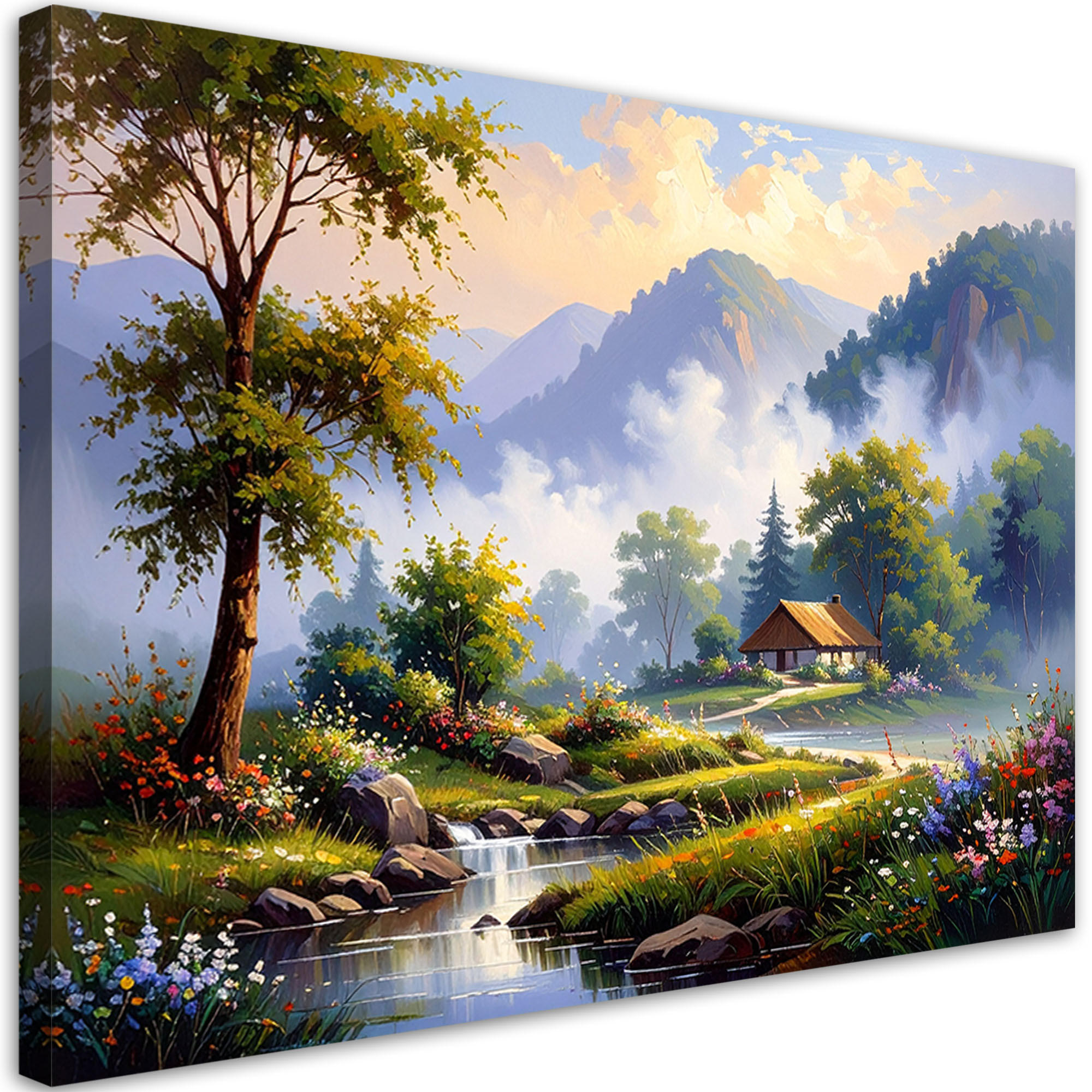WANDBILD, Häuschen in den Bergen Landschaft Fluss - Grün, Textil (60/40cm) - Feeby