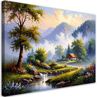 WANDBILD, Häuschen in den Bergen Landschaft Fluss - Grün, Textil (60/40cm) - Feeby
