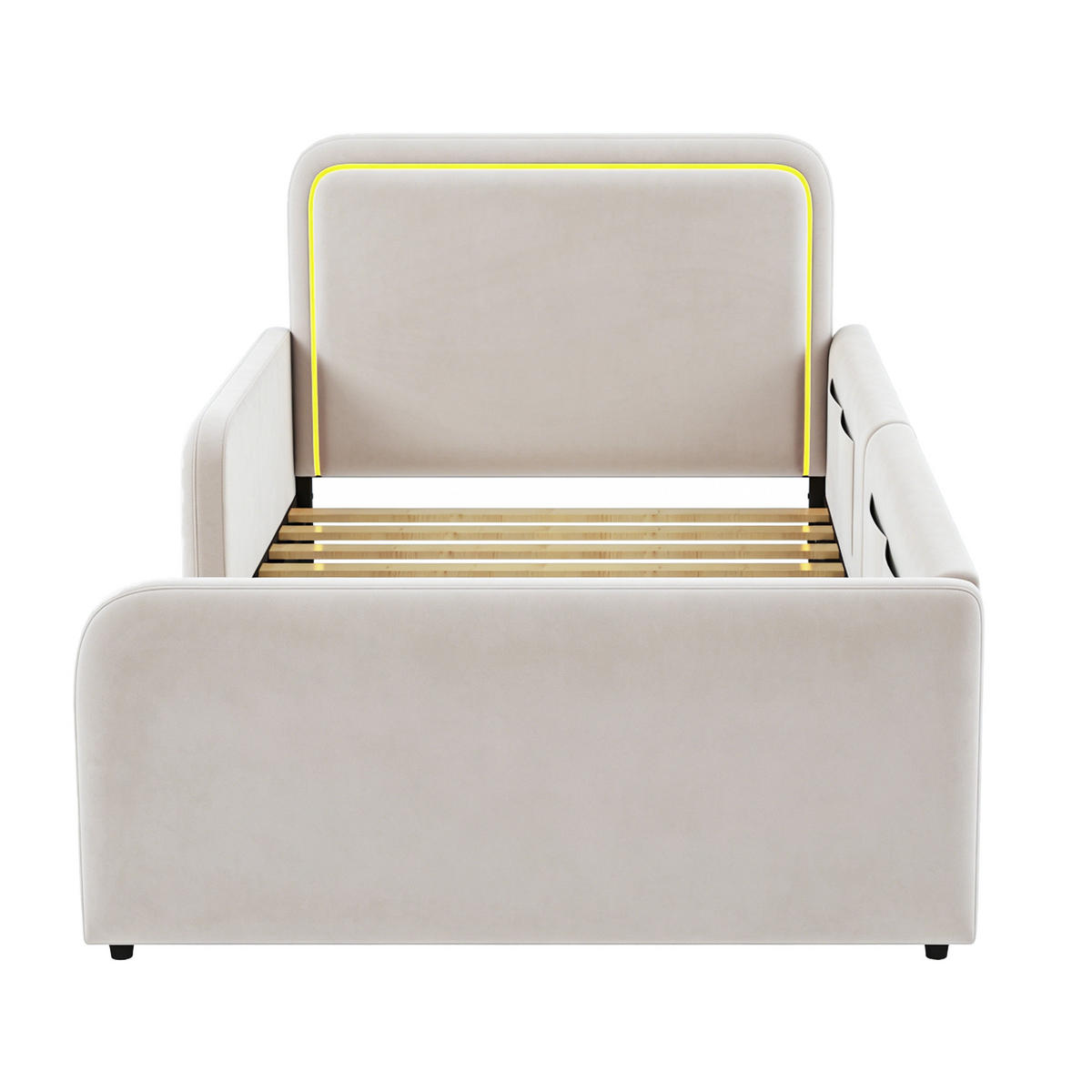 BETT 90/200 cm in Beige mit LED, Aufbewahrungstaschen, Samt und gepolstertem Design - Beige, Holzwerkstoff/Textil - STILVORA