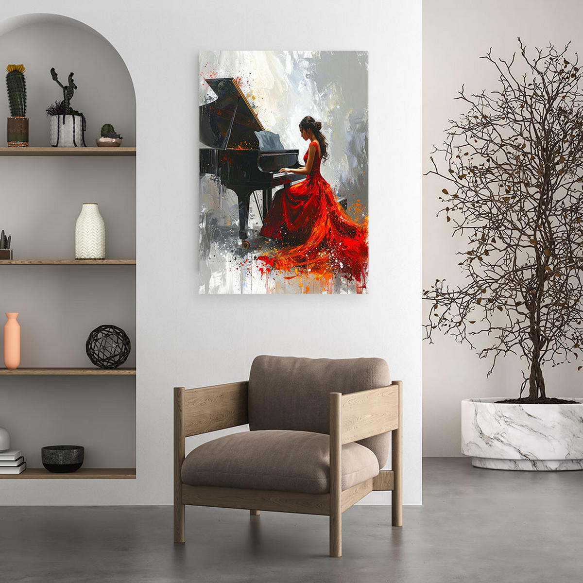 BILD auf Leinwand, Frau am Klavier - Abstraktion - Rot, Textil (80/120cm) - Feeby