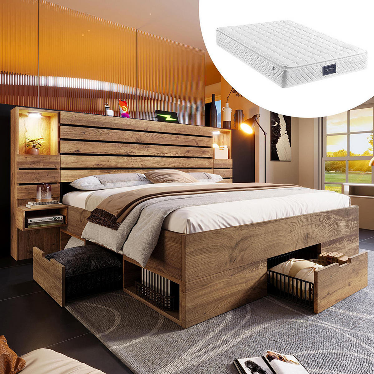 DOPPELBETT 160x200 cm mit LED-Downlights und USB Type-C in Eichenoptik, Mit Matratze - Eichefarben/Schwarz, Holz (200/160cm) - KOMHTOM