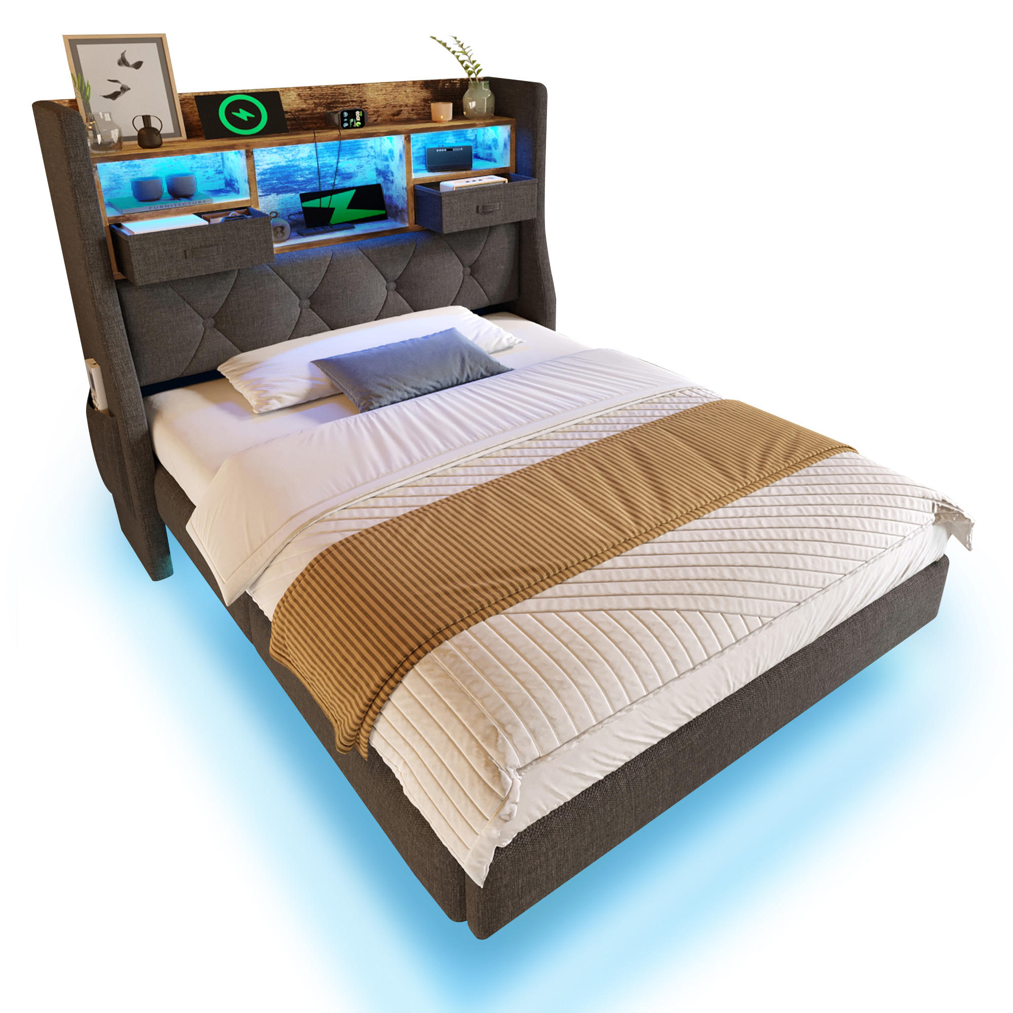 POLSTERBETT 90/200 cm mit LED-Beleuchtung, USB- und Type-C-Ladeanschlüssen sowie Stauraumkopfteil und Matratze, Grau - Grau, Textil (90/200cm) - Redom