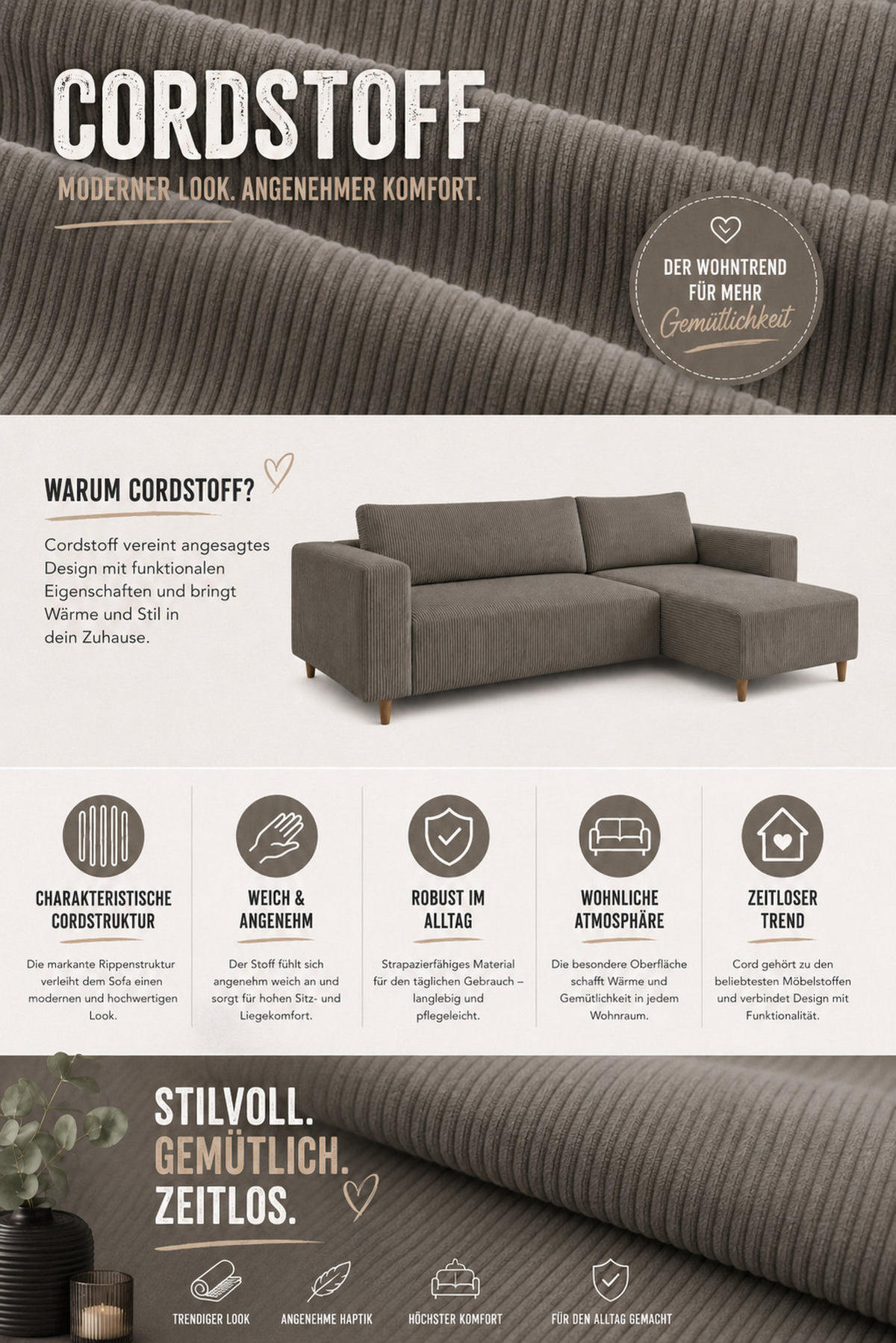 ECKSOFA mit Schlaffunktion und Bettkasten Rio, Ecksofa Cordstoff Grau, Ottomane Universal, 249x142 cm - Grau, Textil (249/142cm) - Marpur