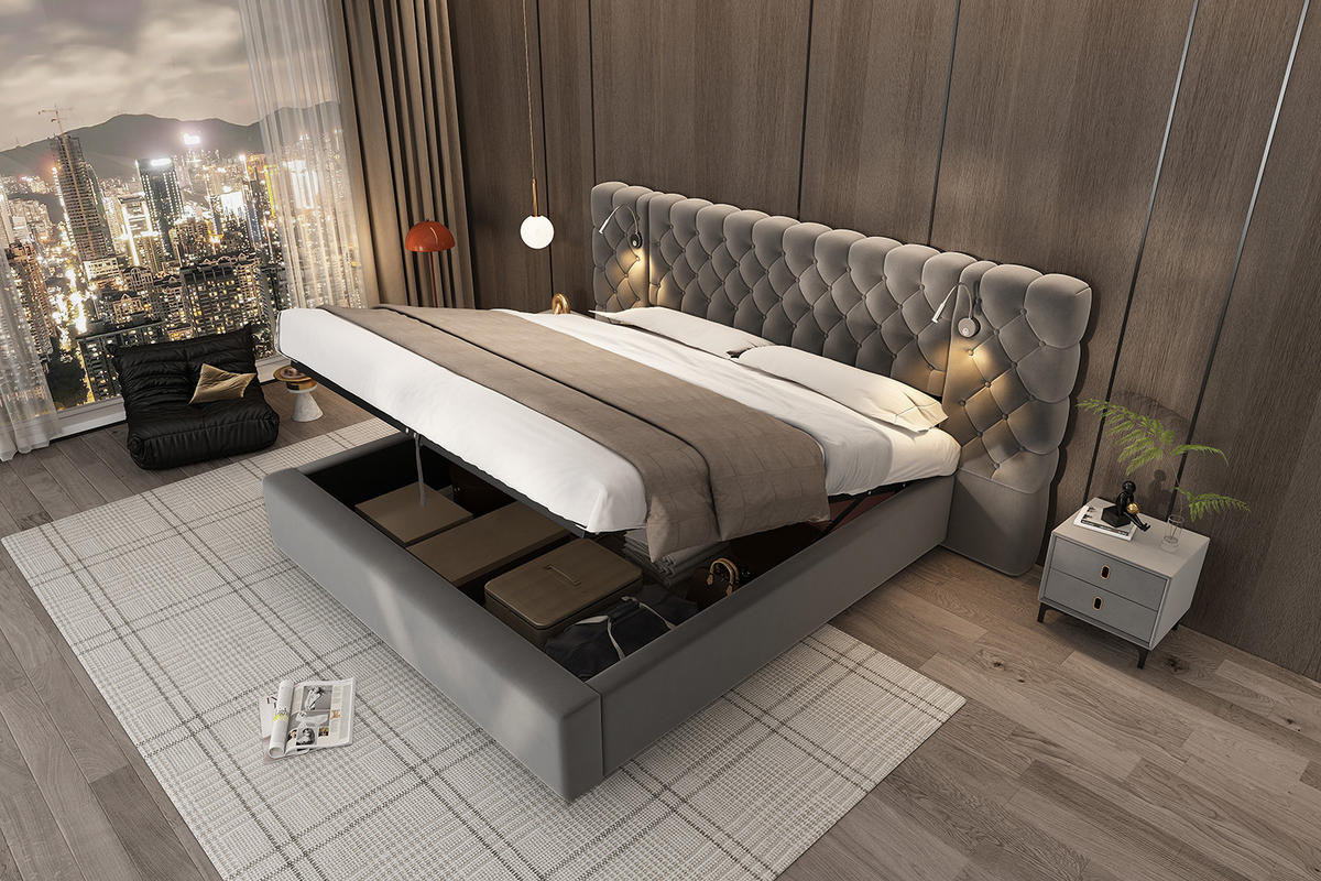 POLSTERBETT 180/200 cm in Grau Samt mit Bettkasten und LED - Grau, Holzwerkstoff/Textil (180/200cm) - CHICFURN