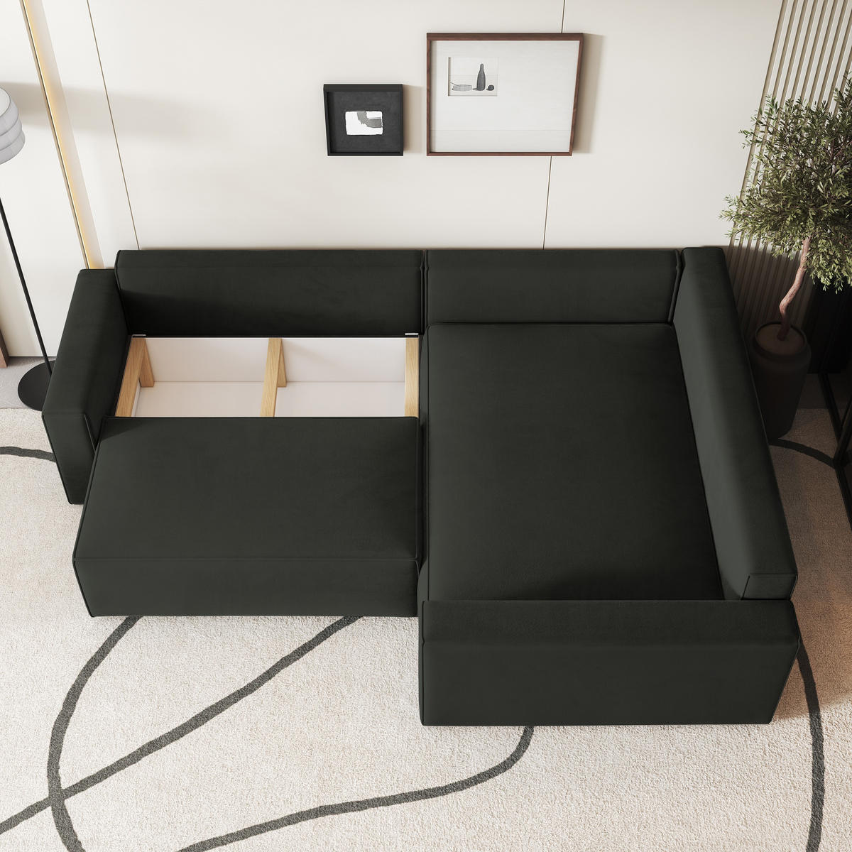 ECKSOFA ERONIS R-S Schwarz Velours-Stoff mit Schlaffunktion - Schwarz, Holz (265/194cm) - MASSENO