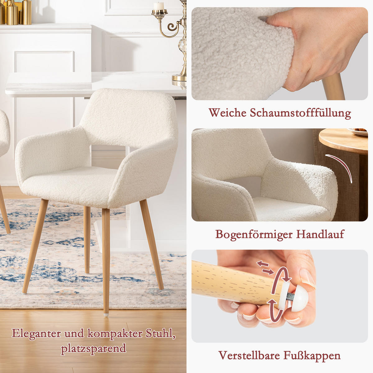 BÜROSTÜHLE 6er-Set, skandinavisches Design, gepolsterte Sitzfläche aus Wollstoff, Holzbeine, Beige - Beige, Textil/Metall (56/78/52cm) - Meubles Cosy