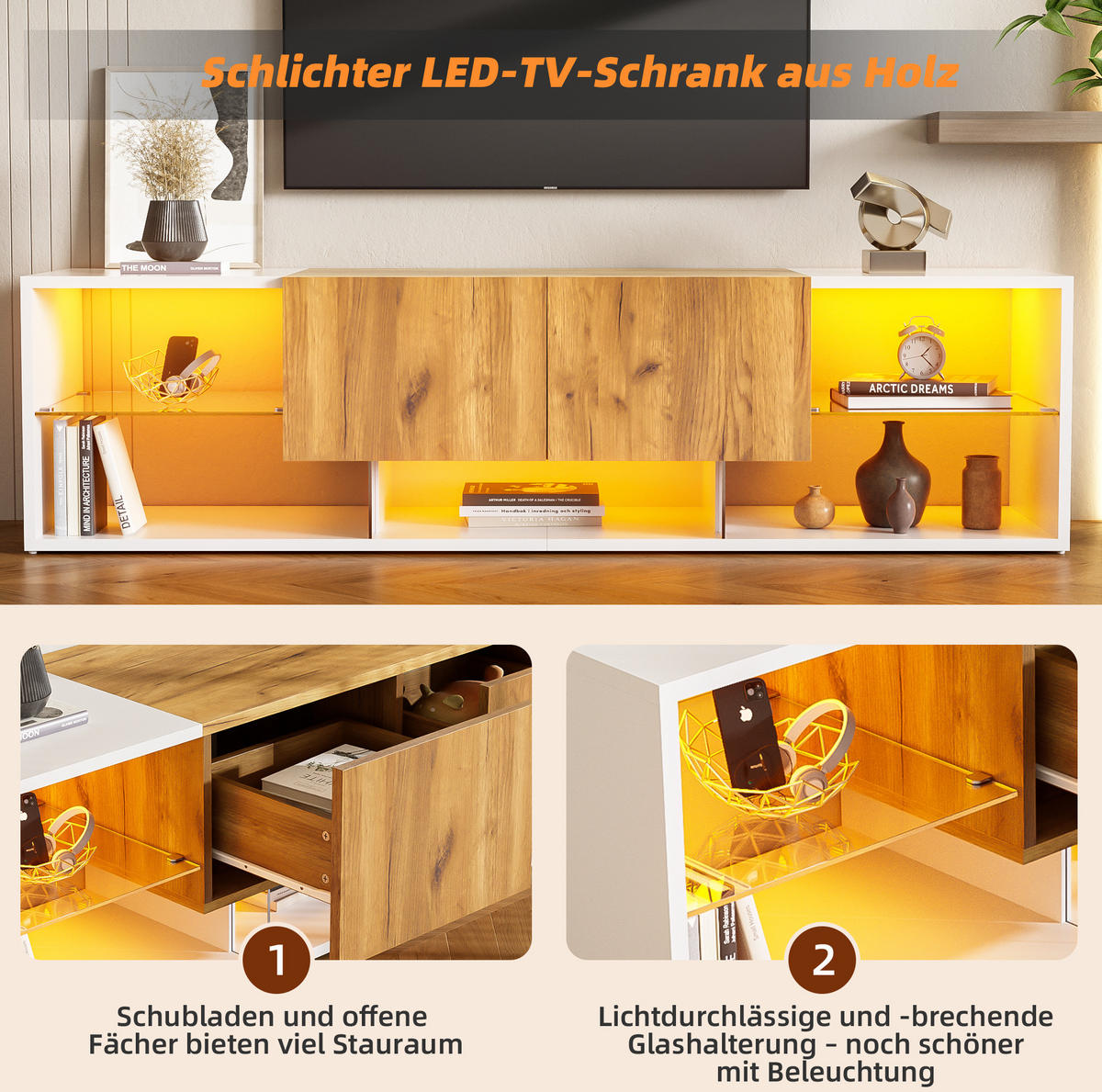 LOWBOARD 160/40/42 cm Weiß/Naturholzfarben aus Spanplatte mit LED-Beleuchtung und 2 Schubladen - Hellbraun, Holzwerkstoff (40/42/160cm) - OKMYHOME