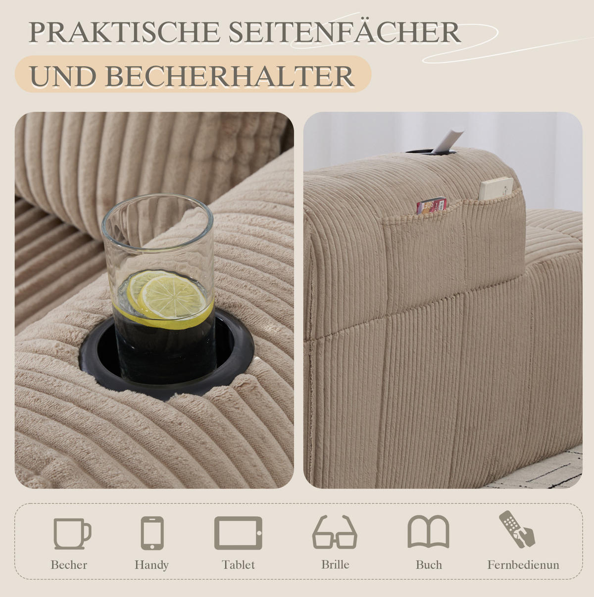 LOUNGESESSEL Cord mit Seitenfächern und Becherhalter 158/93/61 cm Sandfarben - Sandfarben, Textil (93/61/158cm) - Redom
