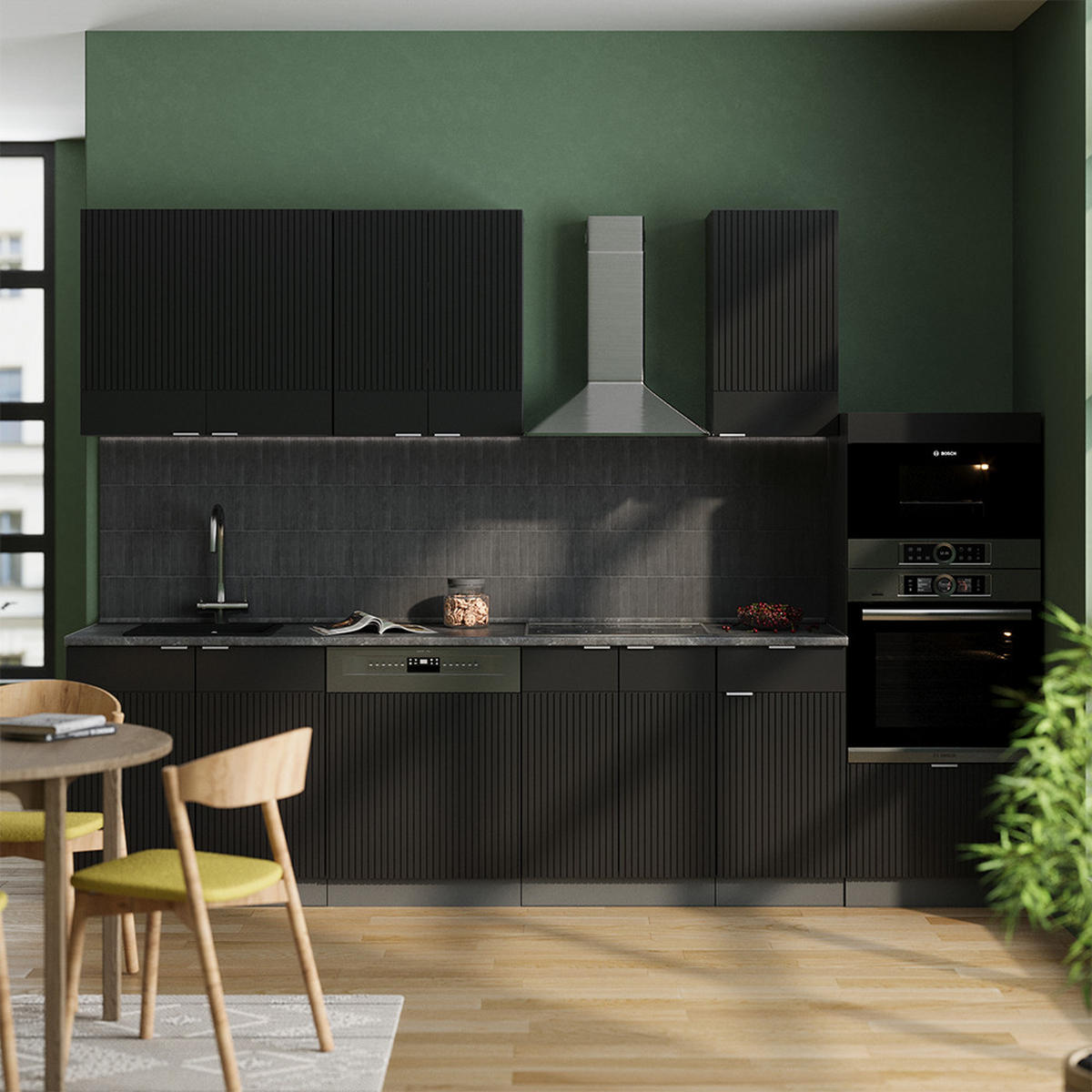 KÜCHENZEILE Fame-Line, Schwarz gestreift/Anthrazit, 300 cm mit Hochschrank, AP Anthrazit - Anthrazit/Schwarz, Holzwerkstoff (300/81.6/60cm) - Vicco