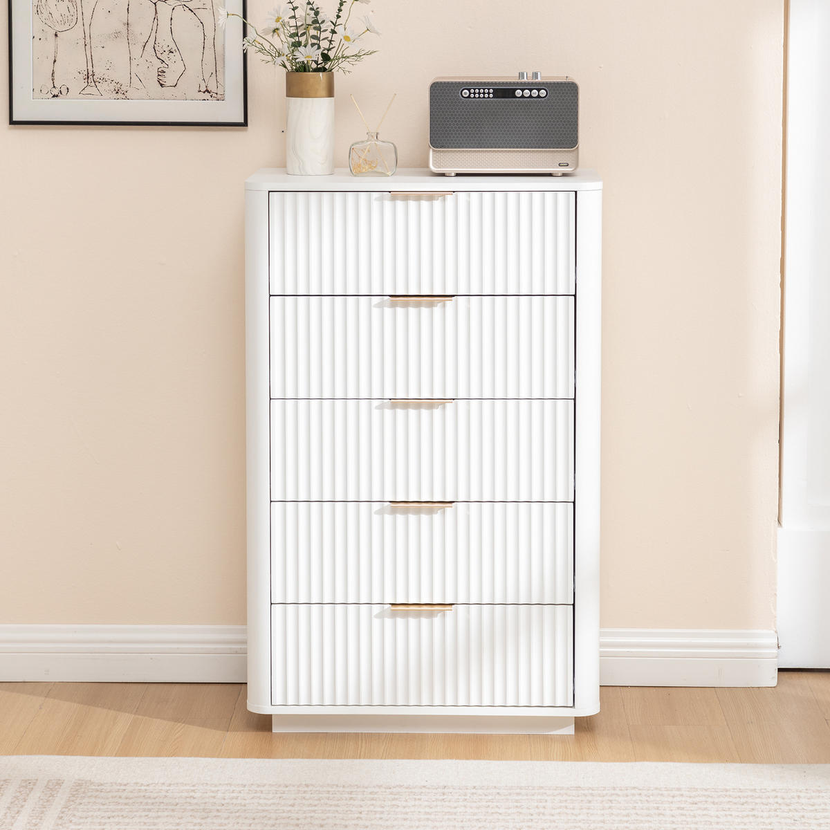 KOMMODE DE-38180 5 Schubladen mit Soft-Close und Metallgriffen Weiß - Weiß, Holzwerkstoff (70/108/40cm) - ComfortXL