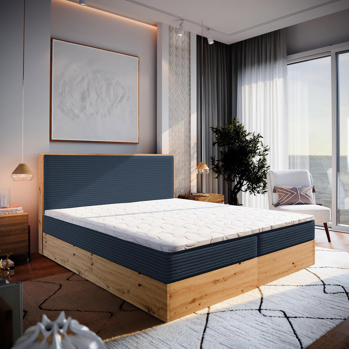 POSTEL BOXSPRING VERDON 140x200 cm, s matrací a úložným prostorem, modrá - modrá, kompozitní dřevo/textil (140/200cm) - MASSENO