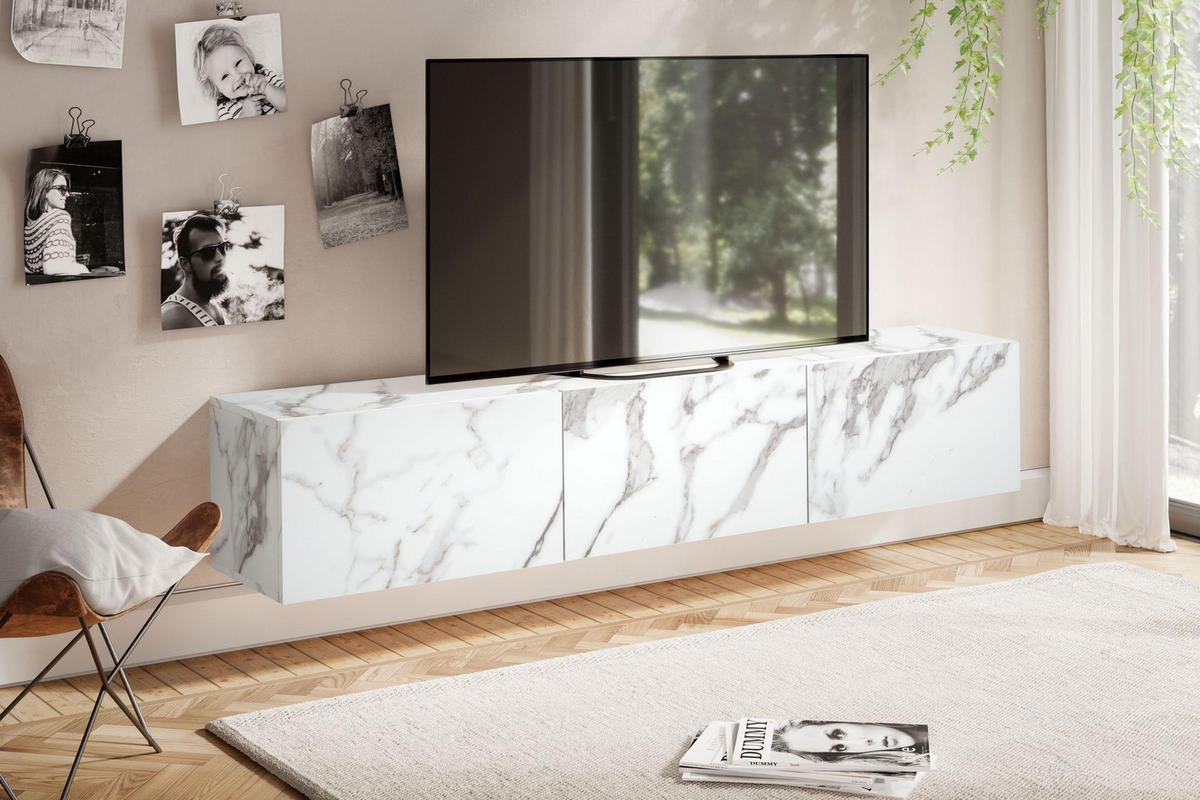 TV-LOWBOARD hängend groß, Marmor-Optik, Klapptüren, modern, Weiß 160x30x30 cm - Weiß, Metall (160/30/30cm) - KADIMA DESIGN