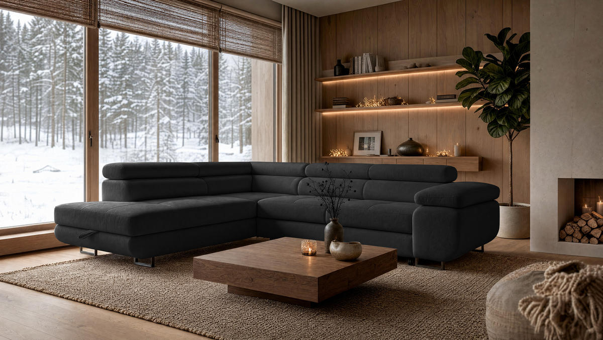 ECKSOFA Velmo mit Bettkasten und Schlaffunktion, verstellbaren Kopfstützen, in L-Form - Dunkelgrau, Textil (275/203cm)