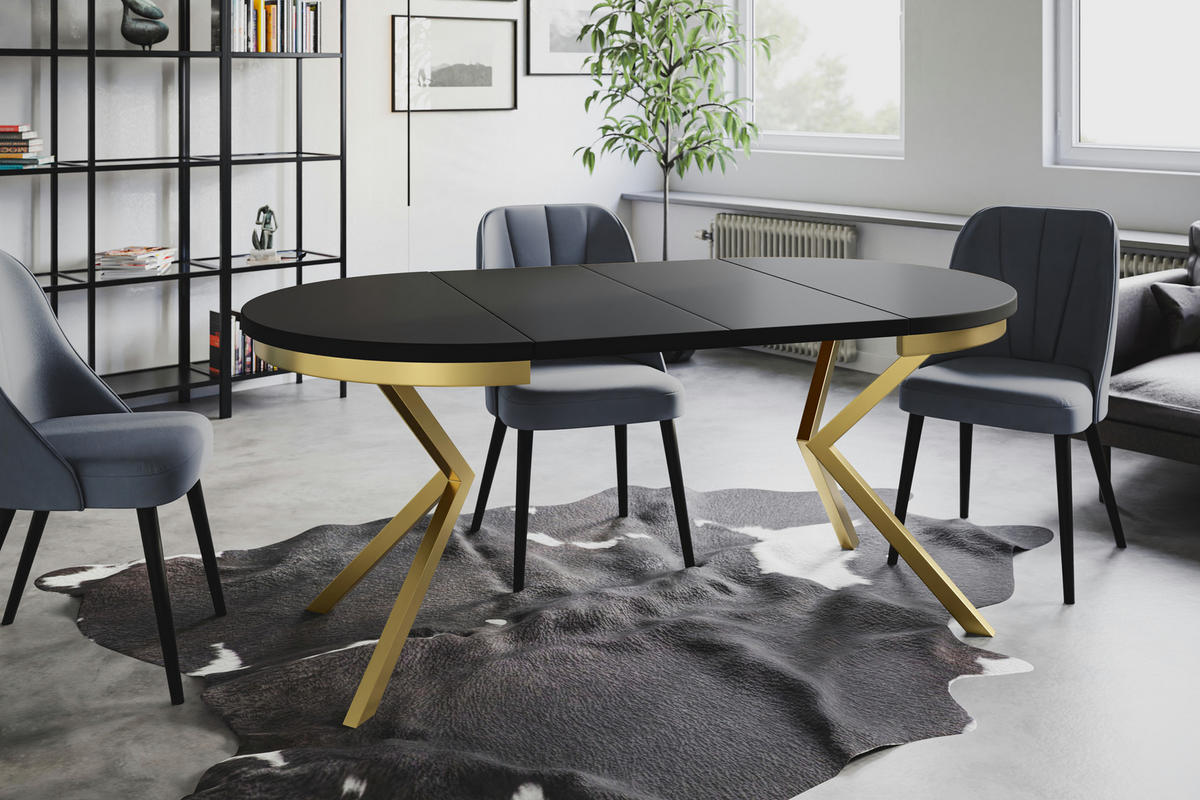 ESSZIMMERTISCH BERGO, ausziehbarer Tisch 120 cm/200 cm, Farbe: Schwarz, mit Metallbeinen in Farbe Gold - Goldfarben/Schwarz, Holzwerkstoff (120/120/76cm) - Alpi-Möbel