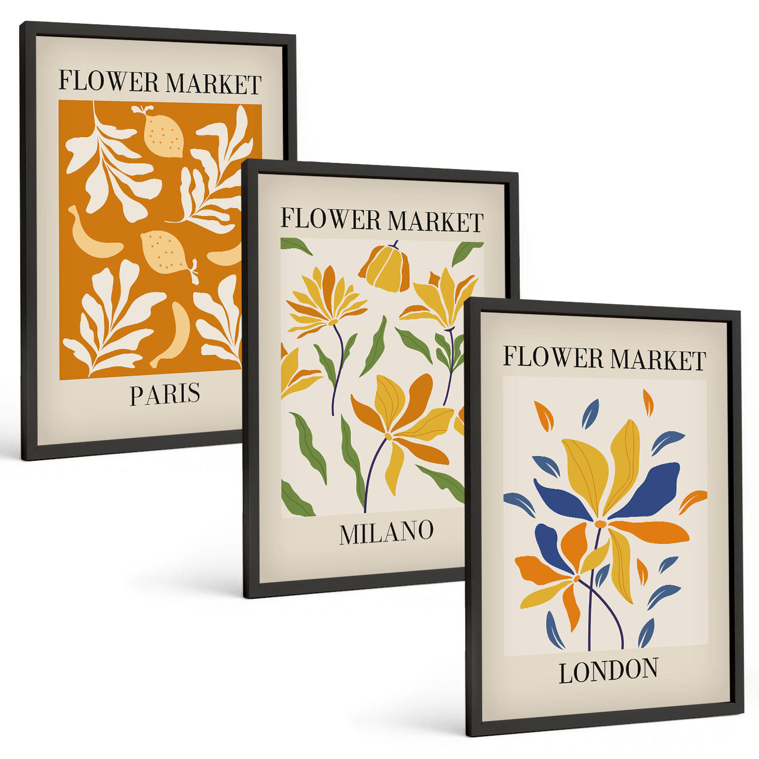 BILDER SET 3er Set - 40x60 cm Schwarzer Rahmen - Blumenposter Paris Mailand London - Schwarz, Kunststoff (40/60cm) - TULUP