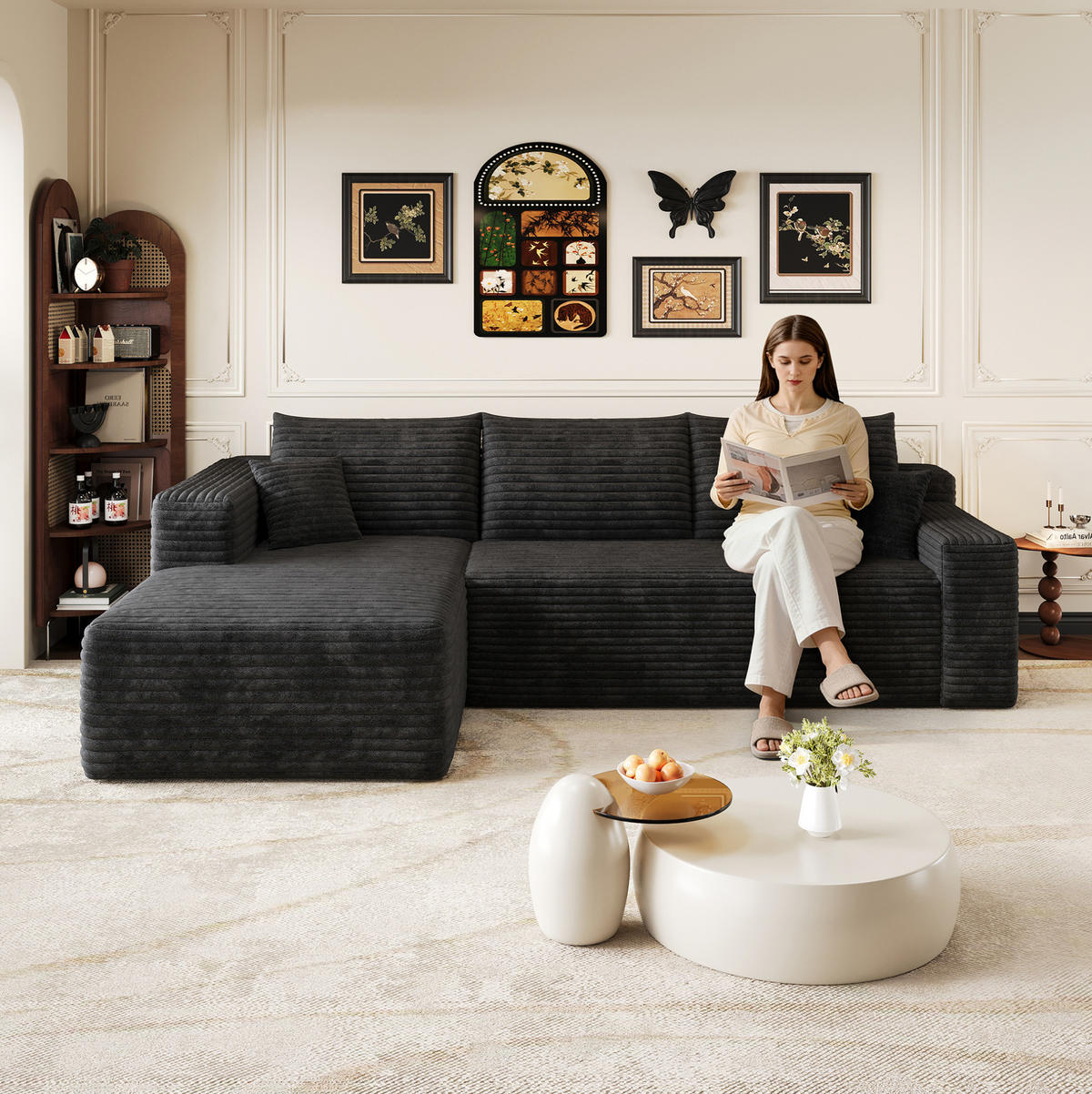 ECKSOFA 241 cm aus Stoff mit Cordbezug und ohne Montage Schwarz - Schwarz, Textil (151/241cm) - Modenvie