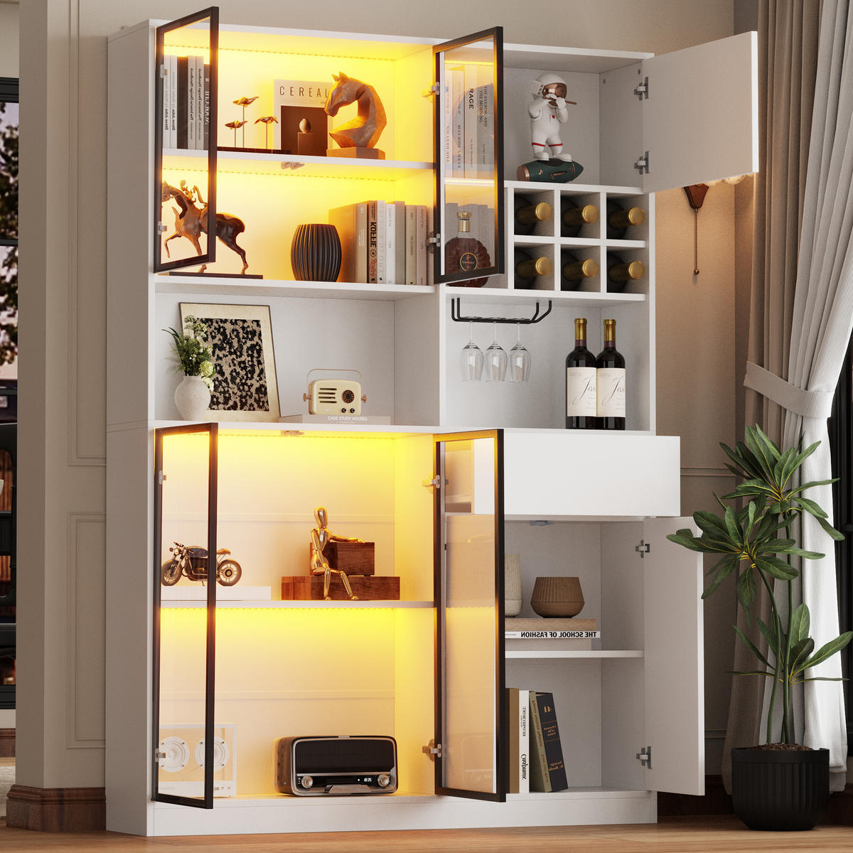 VITRINE 140x30x200 cm Weiß LED 7 Türen Weinregal - Weiß, Holzwerkstoff (140/200/30cm) - FLIEKS