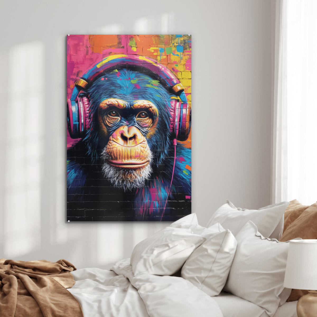 ACRYLGLASBILD Graffiti - Schimpanse - Straßenkunst - Kopfhörer - Affe 60x90 cm - Blau, Glas (60/90cm) - MuchoWow