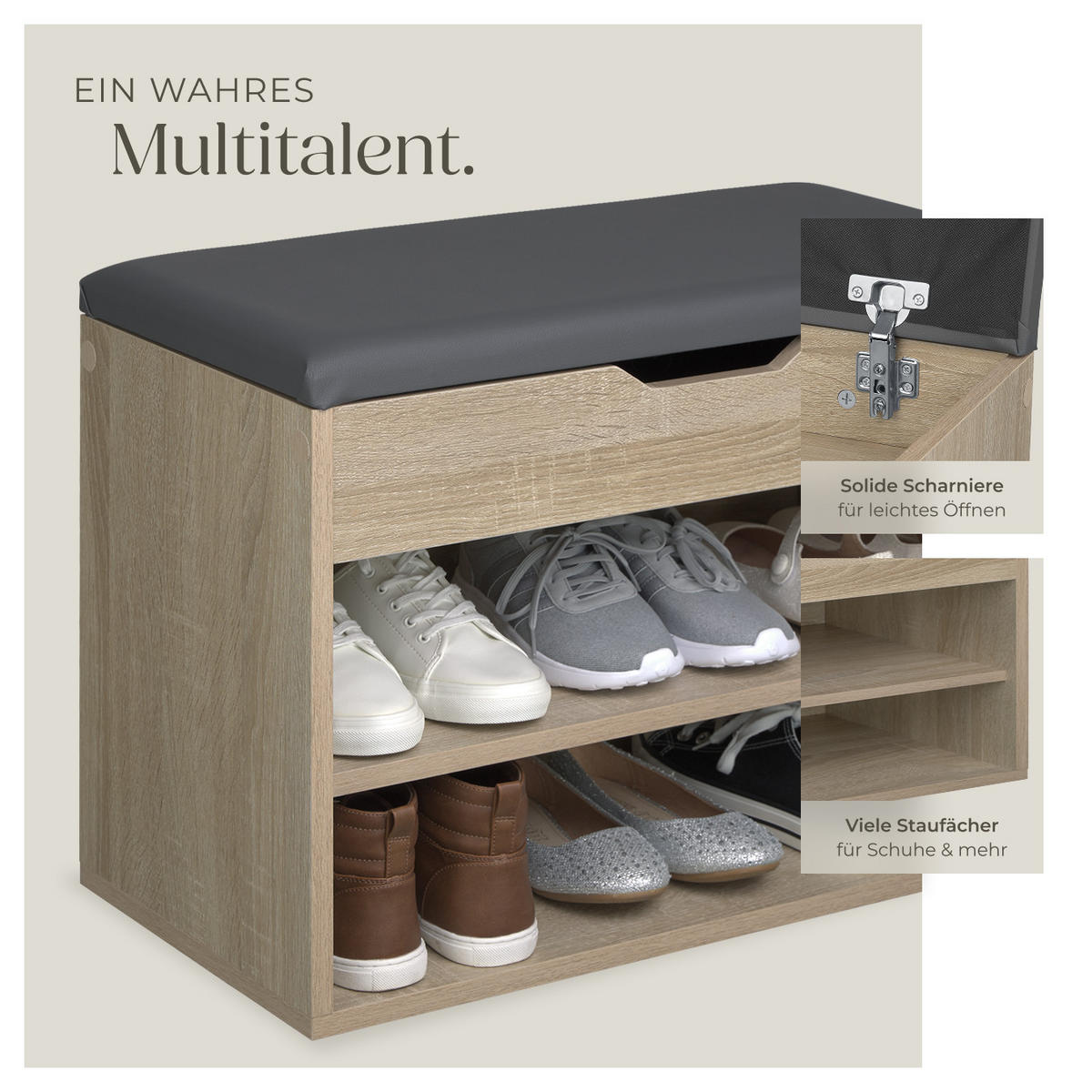 SCHUHBANK Jasmina,60 x 30 x 43,5 cm,Holz hell, Eiche Sonoma - Eiche Artisan, Holz (30/43.5/60cm) - tectake
