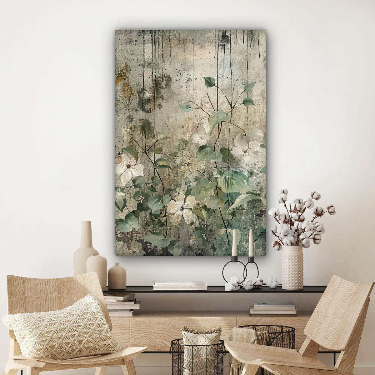 LEINWANDBILD - Blumen - Blätter - Abstrakt - Modern - 80x120 - Wanddeko - Grau, Textil (80/120cm) - MuchoWow
