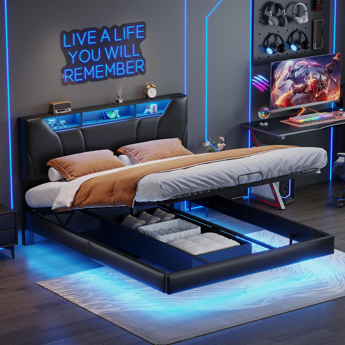 POLSTERBETT 140x200 cm mit hydraulischem Stauraum, Stauraumkopf, RGB-LED, USB-/Typ-C, PU-Leder in Schwarz - Schwarz, Holz (140/200cm) - BRILVERDE