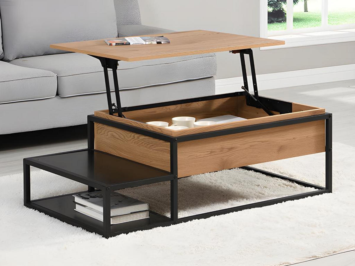 COUCHTISCH höhenverstellbar - MDF & Metall - Naturfarben & Schwarz - LUTESA - Hellbraun, Holz (110/60/38cm) - Vente-Unique