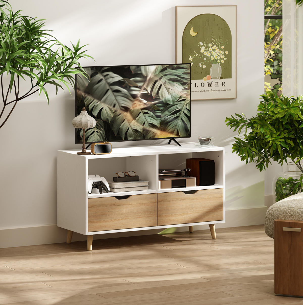 TV-LOWBOARD aus Spanplatte 99x39x58 cm Weiß mit 2 Schubladen und offenen Fächern - Weiß, Holzwerkstoff (99/58.3/39cm) - IVMEU