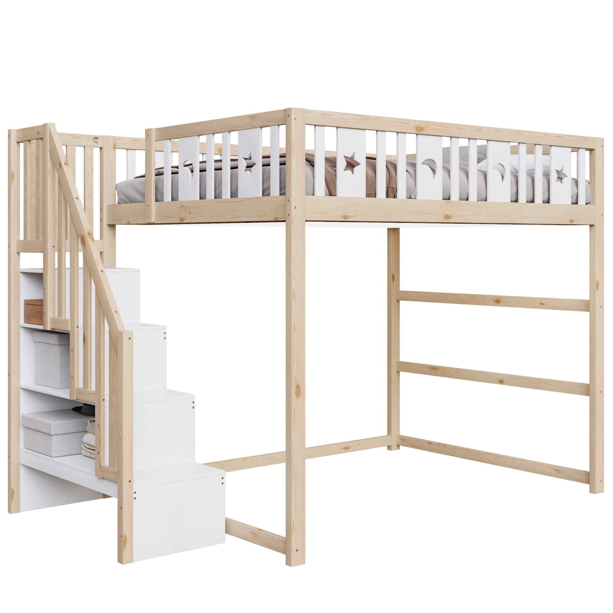 HOCHBETT 140/200 cm aus Massivholz mit Treppe, Natur/Weiß - Naturfarben, Holz (140/200cm) - OKMYHOME