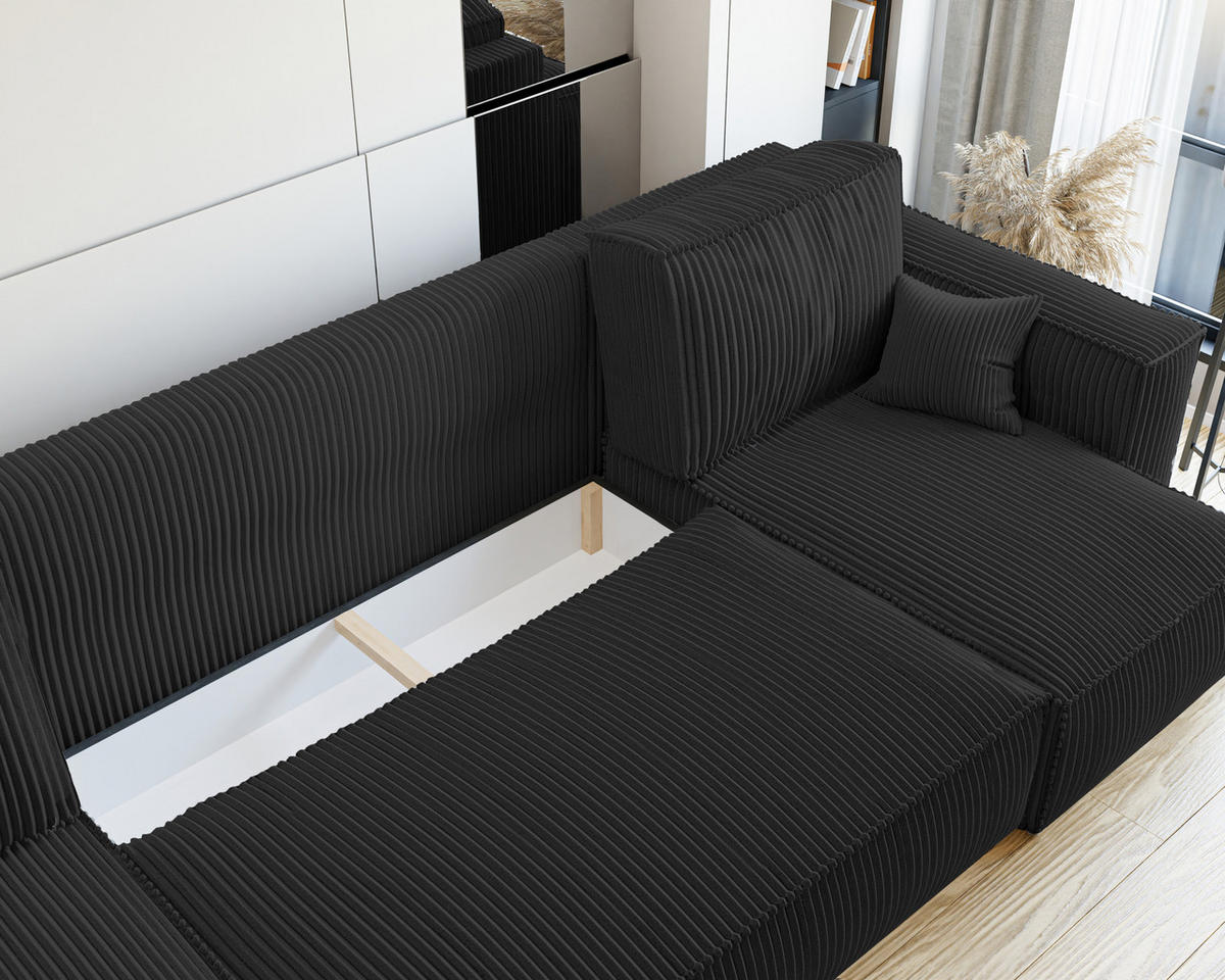 ECKSOFA mit Schlaffunktion und Bettkasten, Schwarz - Schwarz, Holzwerkstoff/Textil (312/145cm) - Idohome