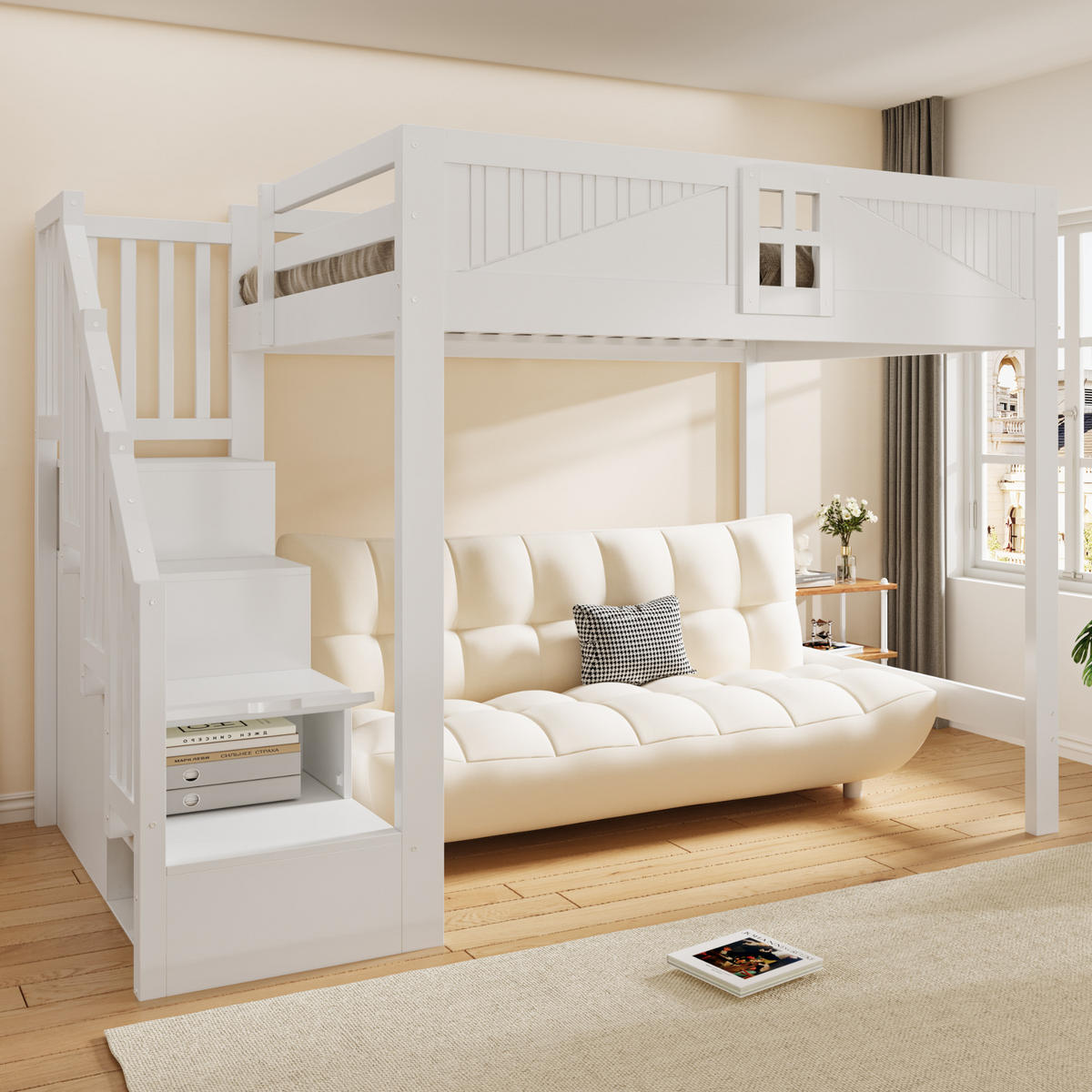 HOCHBETT 140/200 cm mit Stauraumleiter, DE-41580, in Weiß - Weiß, Holzwerkstoff (140/200cm) - ComfortXL