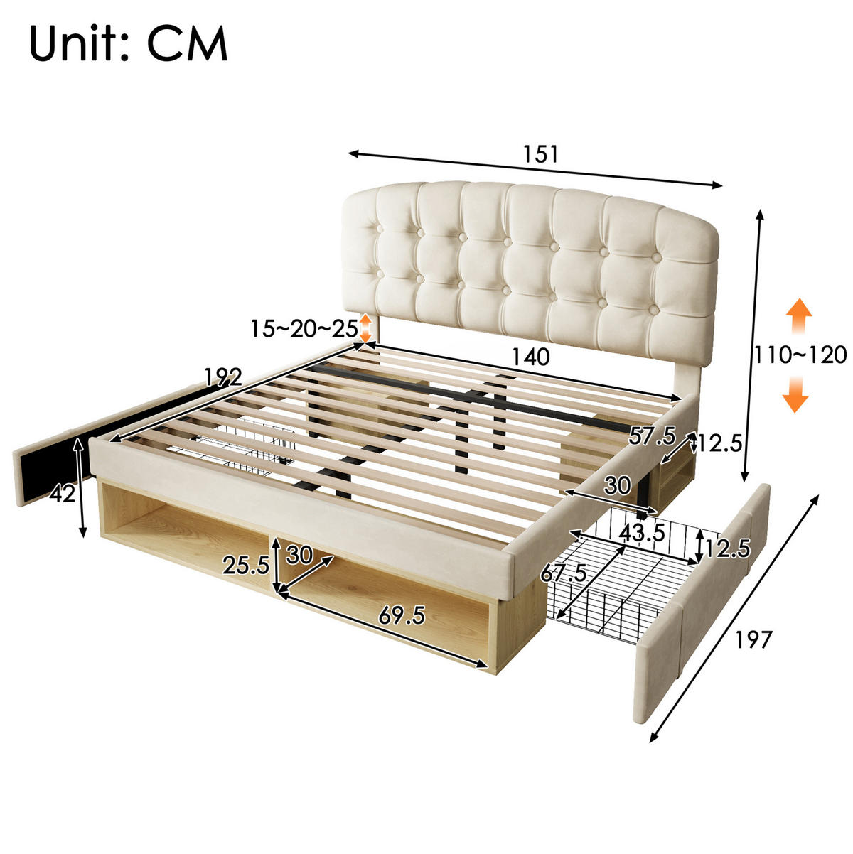BETT mit Schubladen 140x190 cm Samt Beige - Beige, Metall (140/190cm) - Meubliv