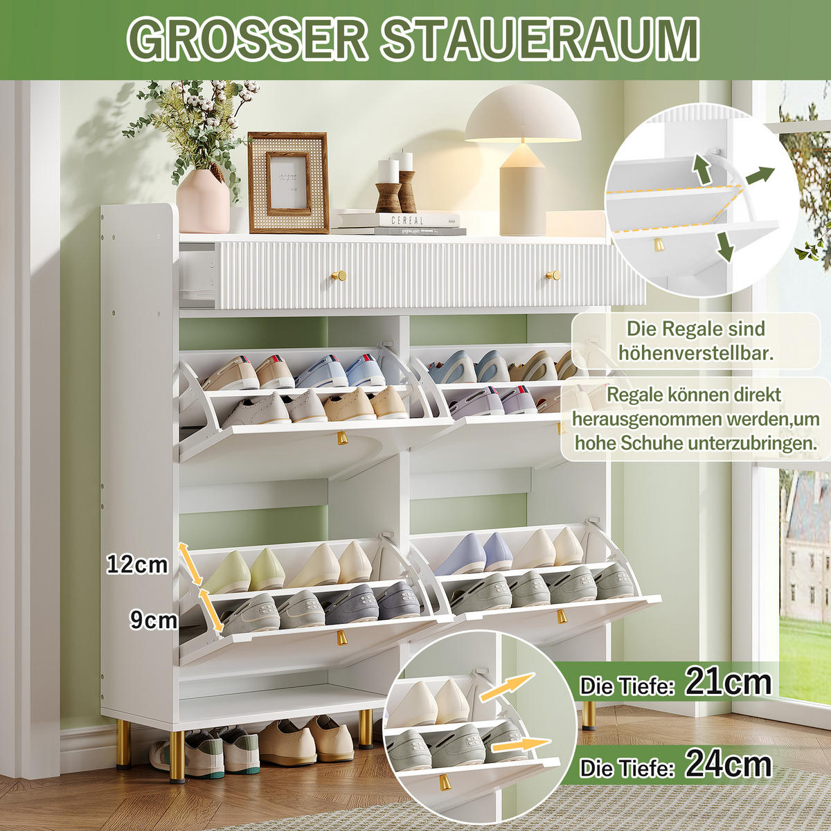 SCHUHSCHRANK schmal 4 Türen Weiß 106.5x25x105.5cm - Weiß, Holzwerkstoff (25/105.5/106.5cm) - FLIEKS