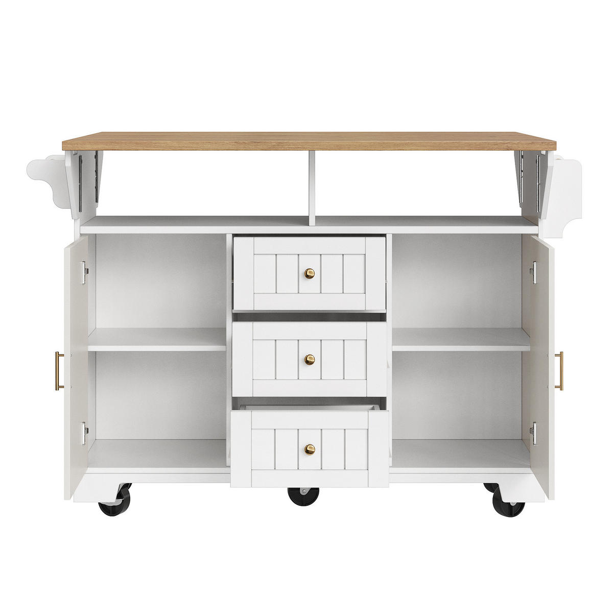 KÜCHENINSEL 120x80x95cm weiß/Holzoptik mit Klapptisch & 5 Rollen - Weiß, Holzwerkstoff (120/95/80cm) - Modfu