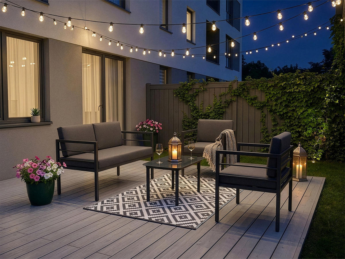 GARTENMÖBEL-SET mit 1 Zweisitzer. 2 Einzelstühlen und 1 Couchtisch. Anthrazit & Grau - Anthrazit, Metall - Home Collective