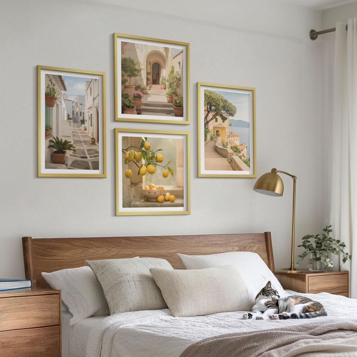 BILDER SET 4er Set - 50x50 cm & 40x60 cm Goldrahmen - Zitrusbaum im Fenster am Meer - Goldfarben, Kunststoff (50/50cm) - TULUP
