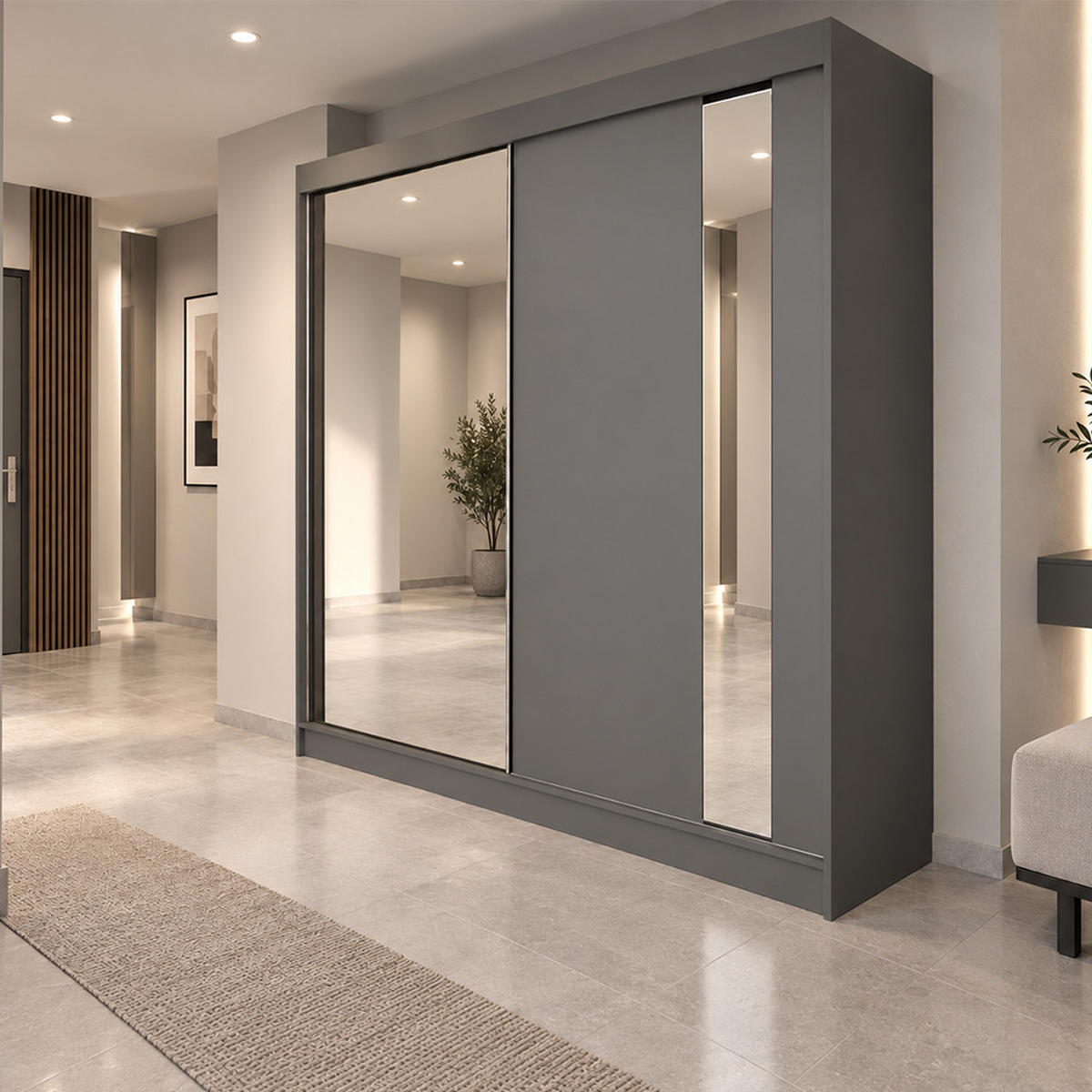 KLEIDERSCHRANK Gloria 200 cm Graphit Spiegel 2 Schubl. Griffe silber - Graphitfarben, Holzwerkstoff (200/216/61cm) - KS Home Concept