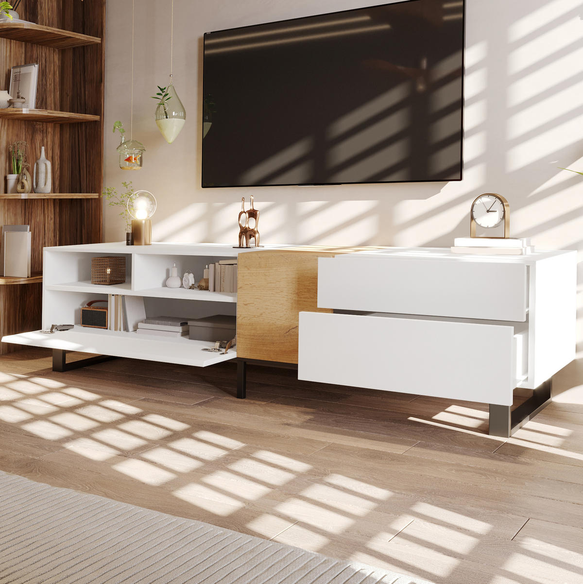 TV-ELEMENT mit Stauraum 180 x 38 x 50 cm MDF Weiß Holzoptik - Weiß, Holzwerkstoff (38/50/180cm) - Beauniv