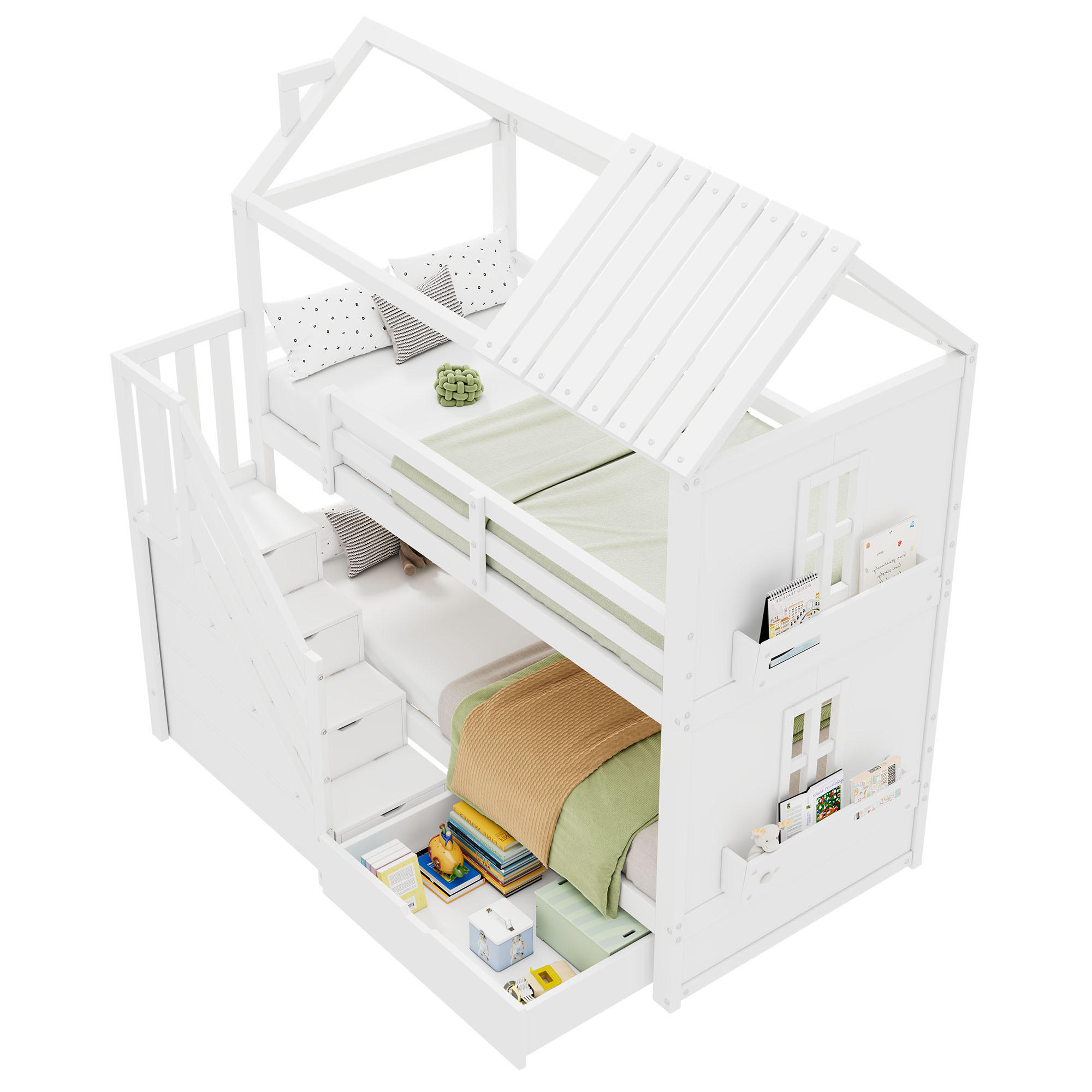 ETAGENBETT 90/200 cm weiß aus Massivholz und MDF mit Stauraumtreppe - Weiß, Holz (90/200cm) - OKWISH
