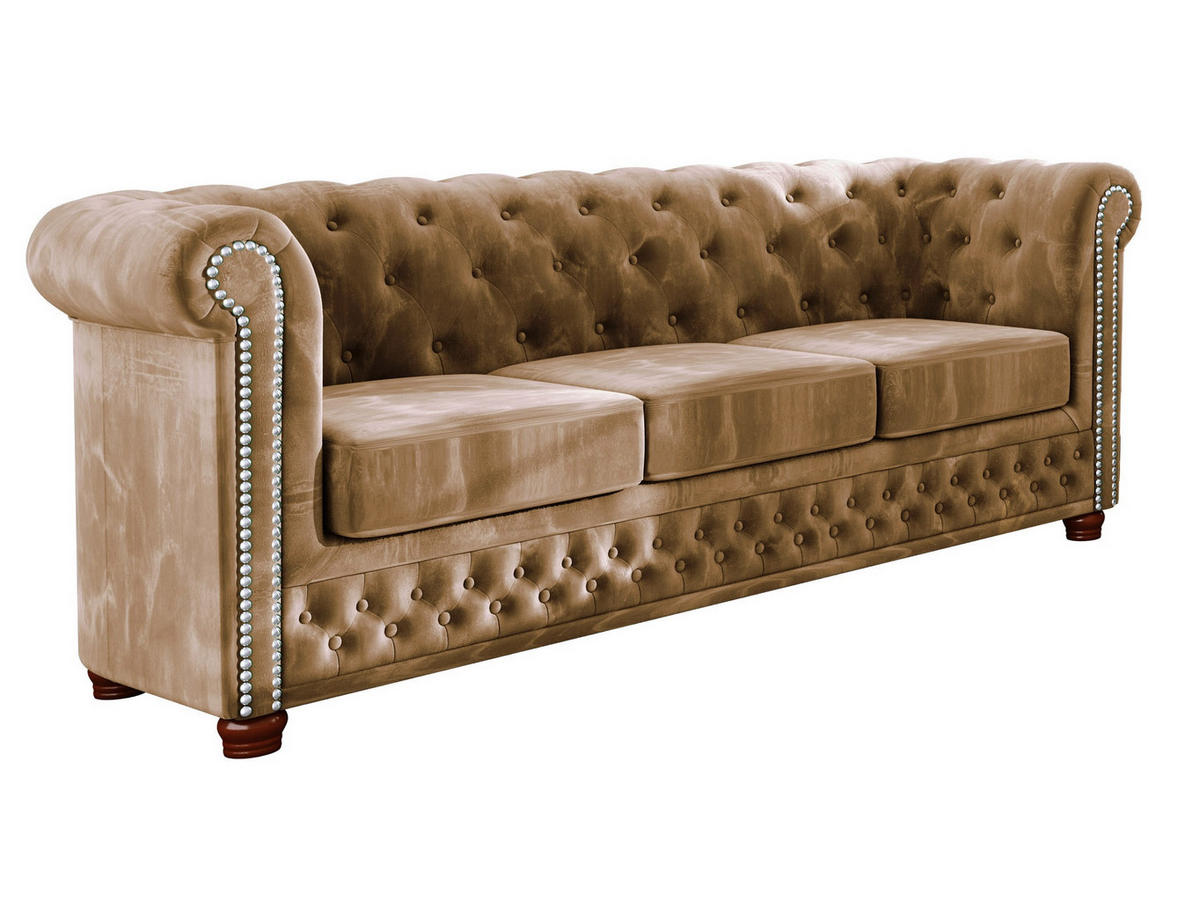 CHESTERFIELD-SOFA 3-sitzer Lauren Beige Samt - Beige/Braun, Holz/Textil (203/72/86cm) - S-Style Möbel