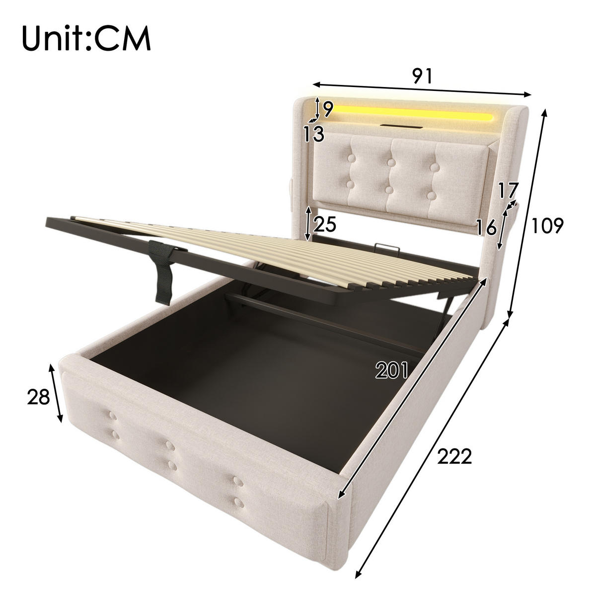 POLSTERBETT 90/200 cm Beige aus Baumwoll-Leinen mit LED und Ladefunktion - Beige, Textil (90/200cm) - OKMYHOME